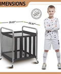 Ball Storage Bin Rolling Sports Cart with Durable Metal Frame and dimensions shown next to a child for scale