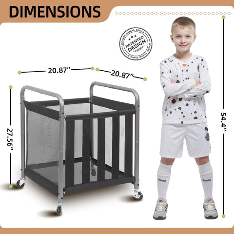 Ball Storage Bin Rolling Sports Cart with Durable Metal Frame and dimensions shown next to a child for scale