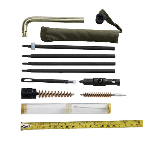 Top Shelf M1 Garand Care Kit Featuring Bronze Wrench And Gas Cylinder Screw With Multi Tool Oiler And Brass Chamber Brushes To Keep Your Iron Runnin Smooth Daily parts arrangement on a white background.