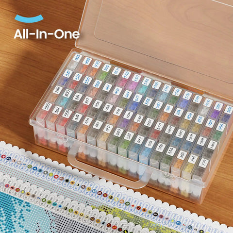64 Jar Diamond Art Storage Kit with clear containers, portable organizer, and label sticker set for diamond painting gear and tools.