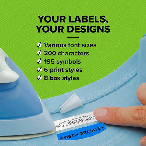 Portable Handheld Labeler With Thermal Printing Tech For Snappy Custom Tags on clothing label showcasing design options.