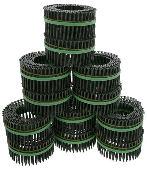 Bulletproof Speed Driver Auto Feed Screw Gun Coil Kit with stacked green epoxy #8 by 2-1/2 inch screws for deck builds.