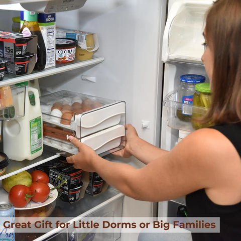 Woman organizing fridge with Egg Holder For Refrigerator With 40 Egg Capacity Two Tray Plastic Design Includes Time Tracker Brush And Nonslip Lid Top No Fuss To Stack And Organize Your Fridge