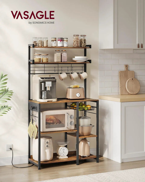 Top Tier Metal Baker Rack With Microwave Stand Rock Solid Kitchen Storage Shelf Featuring Eight Heavy Duty Hooks And A Roomy Wire Basket Super Convenient For Everyday Cooking And Coffee Bars