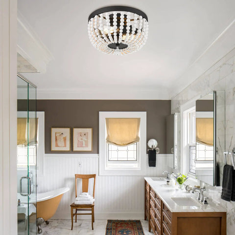Bathroom with Boho Flush Mount Light Fixture With Two Lights Natural White Wood Beaded Ceiling Light 12 Inch Two Light Pendant Vibe