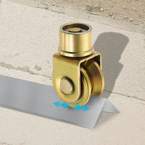 Built Tough 1.9 Inch Sliding Gate Wheels 4 Pack Smooth Operator 360 Degree Swivel V Groove Caster Pulleys on metal track.