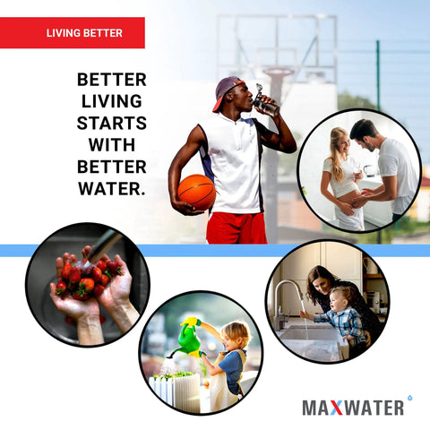 Collage with people using clean water for drinking, cooking, and washing, promoting Under Sink Water Filter Replacement Kit benefits.