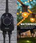 Outdoor Timer Outlet With Dusk To Dawn Sensor, Weatherproof Exterior Power Switch, Two Grounded Outlets, 15A 0.5HP, ETL Listed