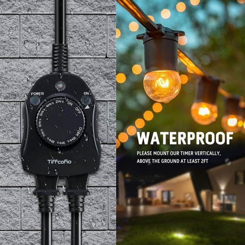 Outdoor Timer Outlet With Dusk To Dawn Sensor, Weatherproof Exterior Power Switch, Two Grounded Outlets, 15A 0.5HP, ETL Listed