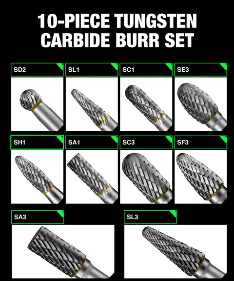 10-piece tungsten carbide burr set with 1/4 inch shank for metal, wood, and stone grinding, includes carbide burr set 10 piece with various shapes.