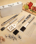 Front view of Cuisinart Deluxe 20-piece stainless steel grill tool set with aluminum case.