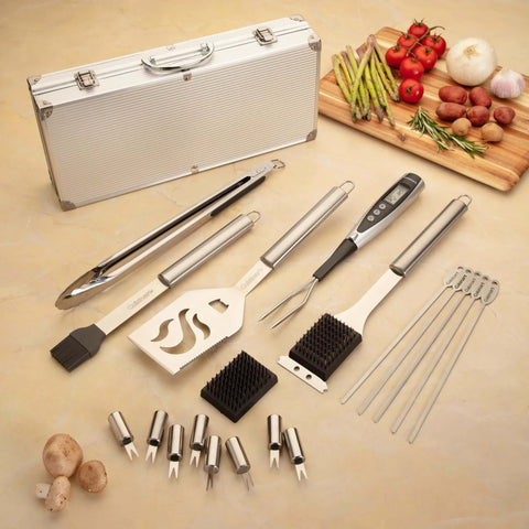 Front view of Cuisinart Deluxe 20-piece stainless steel grill tool set with aluminum case.