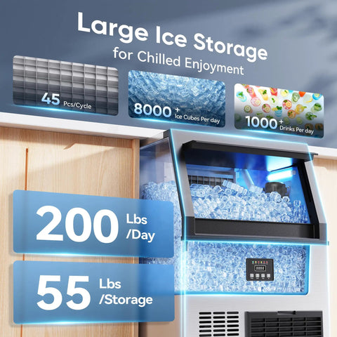 Beast High Capacity Commercial Ice Maker with 200 Lbs output per day and 55 Lbs storage, showcasing ice production and storage.