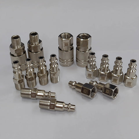 Cosmostar 16-piece chrome-plated air hose fittings set with assorted quick-connect couplers and plugs.