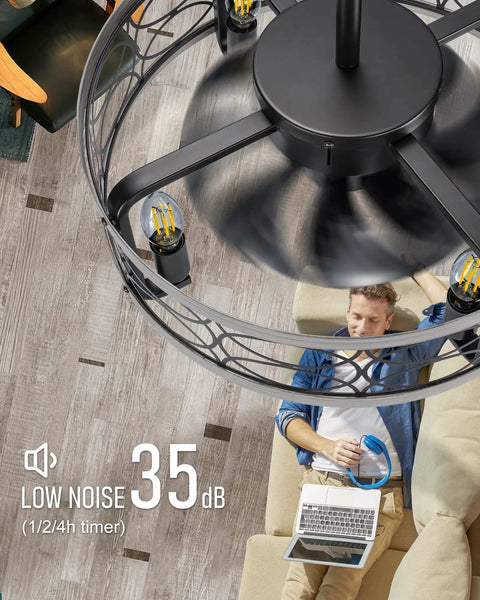 Top view of Rustic 17.5 Inch Ceiling Fan With Light Kit And Remote, Low Profile Semi Flush Cage Mount, in a cozy room setting.