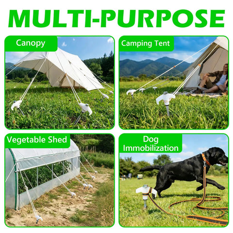 12 Pack 8 Inch Heavy Duty Screw In Tent Stakes Glow In The Dark Ground Anchors securing canopy and tent on grass