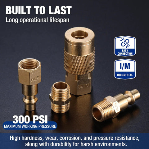 Pro Grade 16 Piece One Quarter Inch NPT Air Hose Fitting Kit with brass quick connect couplers on black background