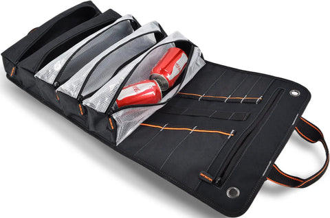 Roll Up Tool Organizer Bag For Mechanics, Electricians, And Bike Riders, 13 Pockets With 5 Large Zip Bags, open showing tools.