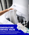 Washer Water Inlet Valve 120V 60Hz for Whirlpool Kenmore models, shown with laundry in a top-load washer.