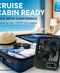 Slick Portable Cruise Fan With Tight Grip Magnetic Mount For Cabin Walls Or Ceiling, 4000 Mah Battery, Usb Rechargeable, Five Adjustable Speeds, Smart Timer And Clean White Noise on open suitcase with packed clothing.