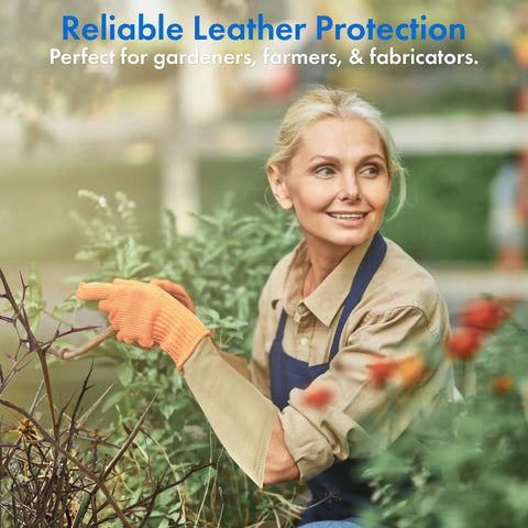 Tough As Nails Genuine Cowhide Leather Arm Sleeves With Extended Elbow Guards being used in gardening for reliable protection.