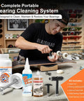 All In One Skate Bearing Cleaning Kit Portable Maintenance System With Cleaning Bottle 200ml Cleaner 100ml Lubricant Oil Bearing Press Puller And T Tool For Skateboard And Roller Skates displayed on a workshop table