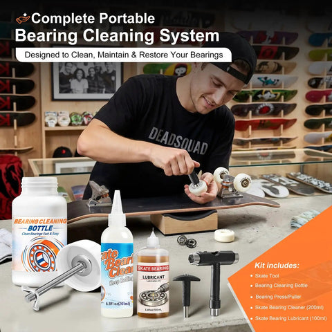 All In One Skate Bearing Cleaning Kit Portable Maintenance System With Cleaning Bottle 200ml Cleaner 100ml Lubricant Oil Bearing Press Puller And T Tool For Skateboard And Roller Skates displayed on a workshop table