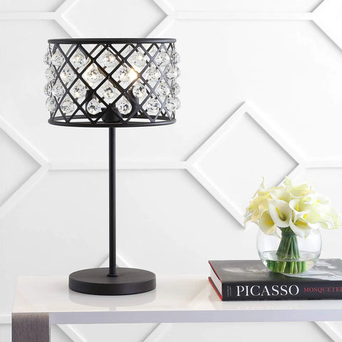 Oil Rubbed Bronze 22.5 Inch Two Light Table Lamp With Crystal Spheres Modern Glam Nightstand Lamp UL Listed LED Bulbs Included Iron And Crystal Finish Perfect Bedroom Or Living Room Accent on table with books and flowers