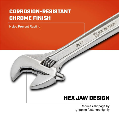 10 Inch Adjustable Wrench With Large Knurl And Hex Jaw, Chrome Plated To Resist Rust And Corrosion, shown with hex jaw design.