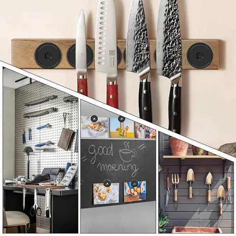Neodymium Cup Magnets With Countersunk Holes And Stainless Screws used in kitchen and office setting holding knives and photos