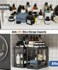 Heavy Duty Pull Out Under Sink Organizer Drawers Set Of Two Black gliding storage carts for bathroom, neatly organized products.