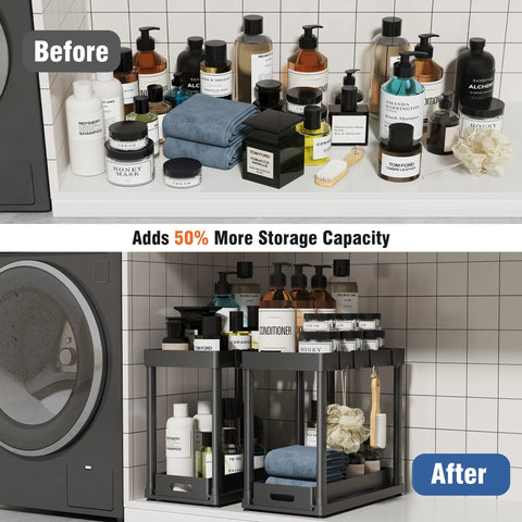 Heavy Duty Pull Out Under Sink Organizer Drawers Set Of Two Black gliding storage carts for bathroom, neatly organized products.