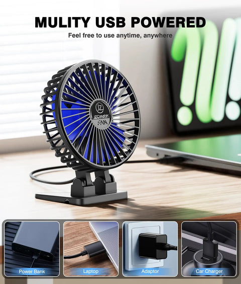 USB Desk Fan Mini Portable Personal Desktop Cooling Fan With Three Speeds, Plug In Power, Quiet Brushless Motor, 360 Degree Rotation on desk