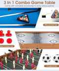 Premium 3 In 1 Game Table Combining Foosball Billiards And Slide Hockey includes ball sets and accessories for family game nights.