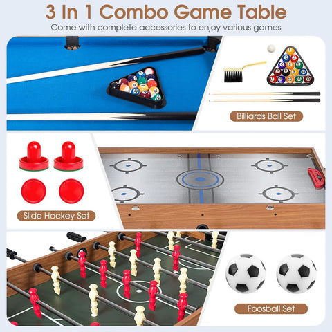 Premium 3 In 1 Game Table Combining Foosball Billiards And Slide Hockey includes ball sets and accessories for family game nights.