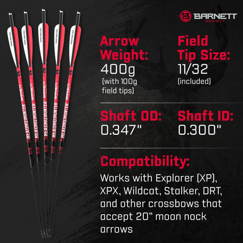 Head Hunter 20 Inch Carbon Crossbow Arrows 5 Pack With Field Points And Half Moon Nocks, product details shown on black background