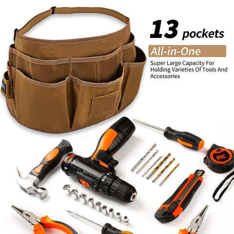Heavy Duty Waxed Canvas Tool Apron With 13 Pockets And Nail Apron, Woodworking Belt For Pros And DIYers, tools displayed