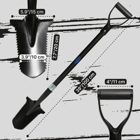 Lightweight Carbon Steel Metal Detecting Shovel With Double Serrated Blade For Treasure Hunting And Garden Digging, full view