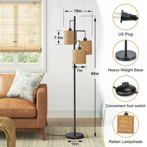 65 Inch Boho Rattan Floor Lamp With Three Lights, Farmhouse Tree Standing Lamp with Rattan Shades, 65-inch tall lamp in living room