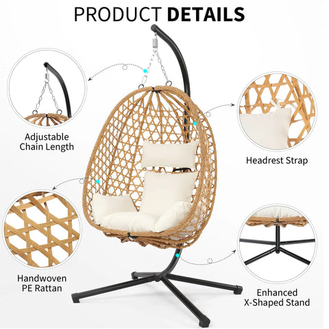 Egg Chair With Stand Outdoor Patio Wicker Hanging Chair Hammock Swing Seat Cozy Ergonomic Design With Thick Cushion 350 Lbs Capacity
