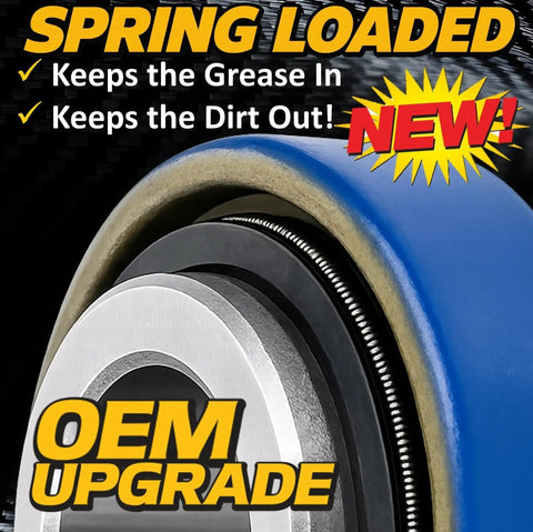Two Pack HD Switch Front Wheel Bearing Rebuild Kit With Spring Loaded Seals For Mowers, blue spring-loaded seal close-up