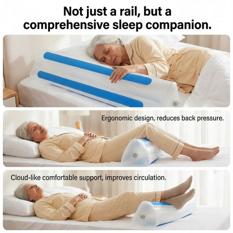 Elderly woman using Inflatable Bed Rail for Seniors, Soft Touch Safety Guard With No Metal, 47.2 Inch Fall Prevention for comfort.