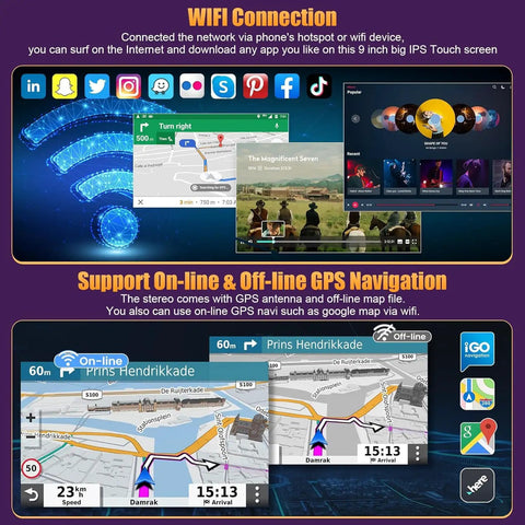 Toyota Sienna 2011 2014 Car Radio With Android 13 screen showing GPS navigation and app icons, highlighting WiFi connection features.