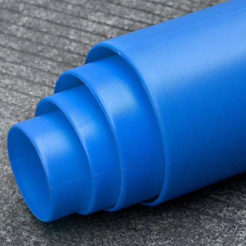 Close-up of Tough As Nails Blue Safety Bollard Cover 6 Inch Wide 46 Inch Tall made of HDPE, showcasing its layered design.