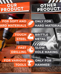 Comparison of two tools: one for soft/hard materials with fast drilling, the other for hard materials with slow hole making, using a hammer.