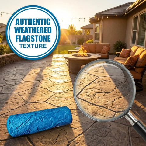Weathered Flagstone Concrete Texture Roller Stamp For Patios Driveways Walkways And Water Features Realistic Stone Look Masonry Form Tool For Decorative Concrete Finishes shown on a patio with detailed flagstone texture.