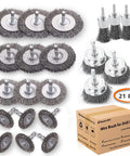 Budget Friendly 21 Piece Wire Brush Drill Set With Abrasive Wheels Cups And End Brushes For Quarter Inch Hex Shank Coarse Crimped Carbon Steel Attachments For Deburring Rust Removal Surface Prep And DIY Home Projects