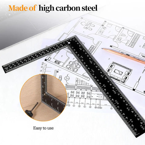 Heavy Duty Carbon Steel 8x12 Framing Square with dual scale on plans, ideal for precise carpentry work.