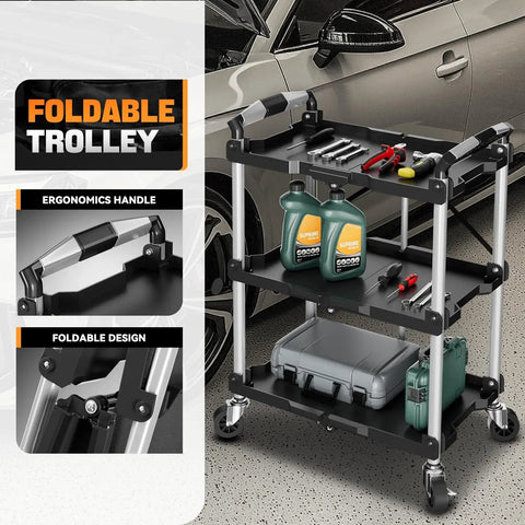 Heavy Duty 3 Tier Folding Utility Cart With Locking Wheels Collapsible Rolling Workhorse for storage tools in garage