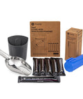 GE Profile Opal Nugget Ice Maker upgrade kit with stainless steel scoop, blue magnetic holder, and six-pack citric acid descaling powder